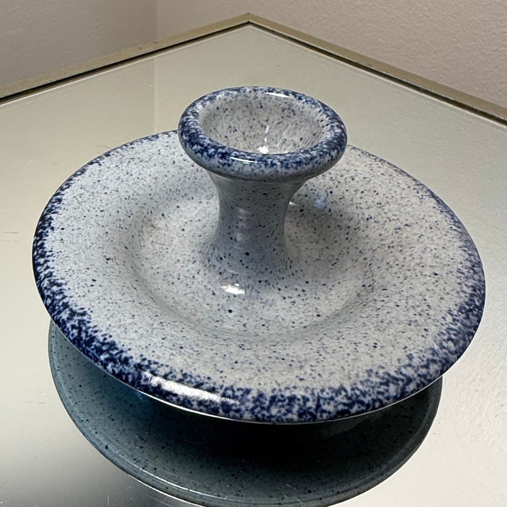 Vintage Blue Spongeware Ceramic Taper Candle Holder‎ Chamberstick Farmhouse